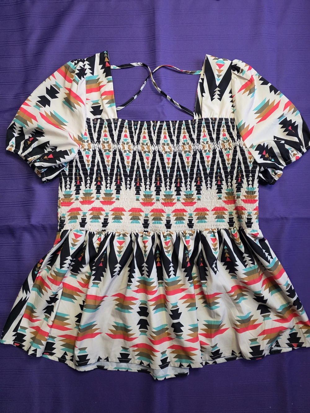 Smocked Geometric Peplum Tunic in Cream with Multicolor Print